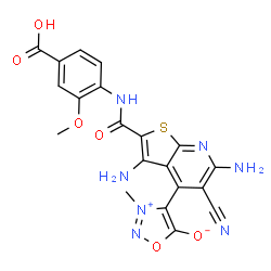 ChemSpider 2D Image | 4-{3,6-Diamino-2-[(4-carboxy-2-methoxyphenyl)carbamoyl]-5-cyanothieno[2,3-b]pyridin-4-yl}-3-methyl-1,2,3-oxadiazol-3-ium-5-olate | C20H15N7O6S