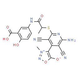 ChemSpider 2D Image | 4-[2-Amino-6-({1-[(3-carboxy-4-hydroxyphenyl)amino]-1-oxo-2-propanyl}sulfanyl)-3,5-dicyano-4-pyridinyl]-3-methyl-1,2,3-oxadiazol-3-ium-5-olate | C20H15N7O6S
