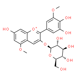ChemSpider 2D Image | 2-(3,4-Dihydroxy-5-methoxyphenyl)-7-hydroxy-5-methoxy-3-chromeniumyl beta-D-glucopyranoside | C23H25O12