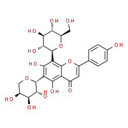 ChemSpider 2D Image | 5,7-Dihydroxy-2-(4-hydroxyphenyl)-8-[(2S,3R,4R,5S,6R)-3,4,5-trihydroxy-6-(hydroxymethyl)tetrahydro-2H-pyran-2-yl]-6-[(2R,3R,4S,5S)-3,4,5-trihydroxytetrahydro-2H-pyran-2-yl]-4H-chromen-4-one (non-prefe
rred name) | C26H28O14