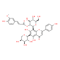 ChemSpider 2D Image | (2S,3R,4S,5S,6R)-2-{5,7-Dihydroxy-2-(4-hydroxyphenyl)-4-oxo-6-[(2S,3R,4S,5S)-3,4,5-trihydroxytetrahydro-2H-pyran-2-yl]-4H-chromen-8-yl}-4,5-dihydroxy-6-(hydroxymethyl)tetrahydro-2H-pyran-3-yl (2E)-3-(
4-hydroxy-3-methoxyphenyl)acrylate (non-preferred name) | C36H36O17