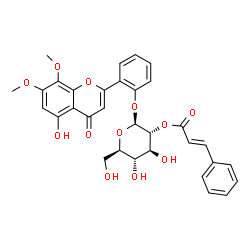 ChemSpider 2D Image | 2-(5-Hydroxy-7,8-dimethoxy-4-oxo-4H-chromen-2-yl)phenyl 2-O-[(2E)-3-phenyl-2-propenoyl]-beta-D-glucopyranoside | C32H30O12
