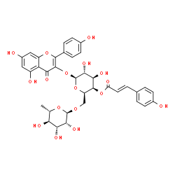 ChemSpider 2D Image | 5,7-Dihydroxy-2-(4-hydroxyphenyl)-4-oxo-4H-chromen-3-yl 6-O-(6-deoxy-alpha-L-mannopyranosyl)-4-O-[(2E)-3-(4-hydroxyphenyl)-2-propenoyl]-beta-D-galactopyranoside | C36H36O17