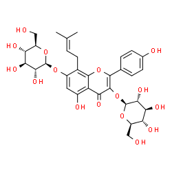 ChemSpider 2D Image | 3-(beta-D-Glucopyranosyloxy)-5-hydroxy-2-(4-hydroxyphenyl)-8-(3-methyl-2-buten-1-yl)-4-oxo-4H-chromen-7-yl beta-D-glucopyranoside | C32H38O16