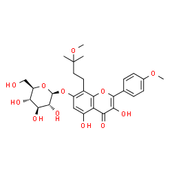 ChemSpider 2D Image | 3,5-Dihydroxy-8-(3-methoxy-3-methylbutyl)-2-(4-methoxyphenyl)-4-oxo-4H-chromen-7-yl beta-D-glucopyranoside | C28H34O12