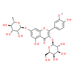 ChemSpider 2D Image | 7-[(6-Deoxy-alpha-L-mannopyranosyl)oxy]-5-hydroxy-2-(4-hydroxy-3-methoxyphenyl)-4-oxo-4H-chromen-3-yl beta-D-galactopyranoside | C28H32O16