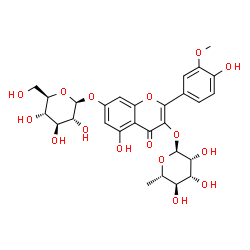 ChemSpider 2D Image | 3-[(6-Deoxy-alpha-L-mannopyranosyl)oxy]-5-hydroxy-2-(4-hydroxy-3-methoxyphenyl)-4-oxo-4H-chromen-7-yl beta-D-glucopyranoside | C28H32O16