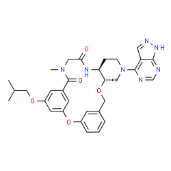 ChemSpider 2D Image | (10S,15S)-23-Isobutoxy-19-methyl-12-(1H-pyrazolo[3,4-d]pyrimidin-4-yl)-2,9-dioxa-12,16,19-triazatetracyclo[19.3.1.1~3,7~.0~10,15~]hexacosa-1(25),3(26),4,6,21,23-hexaene-17,20-dione | C31H35N7O5