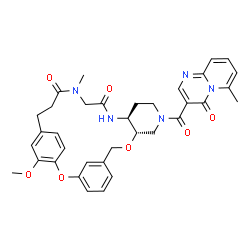 ChemSpider 2D Image | (10S,15S)-25-Methoxy-19-methyl-12-[(6-methyl-4-oxo-4H-pyrido[1,2-a]pyrimidin-3-yl)carbonyl]-2,9-dioxa-12,16,19-triazatetracyclo[21.2.2.1~3,7~.0~10,15~]octacosa-1(25),3(28),4,6,23,26-hexaene-17,20-dion
e | C35H37N5O7
