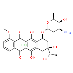 ChemSpider 2D Image | (1S,3S)-3,5,12-Trihydroxy-3-[(1S)-1-hydroxyethyl]-10-methoxy-6,11-dioxo-1,2,3,4,6,11-hexahydro-1-tetracenyl 3-amino-2,3,6-trideoxy-alpha-L-lyxo-hexopyranoside hydrochloride (1:1) | C27H32ClNO10