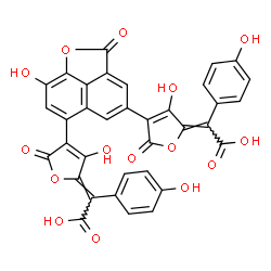 ChemSpider 2D Image | (2Z,2'Z)-2,2'-[(8-Hydroxy-2-oxo-2H-naphtho[1,8-bc]furan-4,6-diyl)bis(3-hydroxy-5-oxo-4-furanyl-2-ylidene)]bis[(4-hydroxyphenyl)acetic acid] | C35H18O15