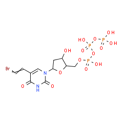 ChemSpider 2D Image | 5-[(E)-2-Bromovinyl]-1-[2-deoxy-5-O-(hydroxy{[hydroxy(phosphonooxy)phosphoryl]oxy}phosphoryl)pentofuranosyl]-2,4(1H,3H)-pyrimidinedione | C11H16BrN2O14P3
