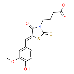 ChemSpider 2D Image | 4-[(5Z)-5-(4-Hydroxy-3-methoxybenzylidene)-4-oxo-2-thioxo-1,3-thiazolidin-3-yl]butanoic acid | C15H15NO5S2