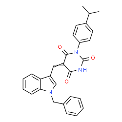 ChemSpider 2D Image | 5-[(1-Benzyl-1H-indol-3-yl)methylene]-1-(4-isopropylphenyl)-2,4,6(1H,3H,5H)-pyrimidinetrione | C29H25N3O3