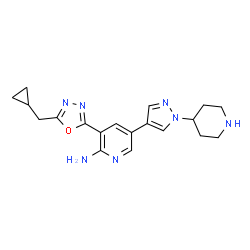 ChemSpider 2D Image | 3-[5-(Cyclopropylmethyl)-1,3,4-oxadiazol-2-yl]-5-[1-(4-piperidinyl)-1H-pyrazol-4-yl]-2-pyridinamine | C19H23N7O