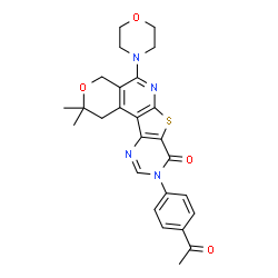 ChemSpider 2D Image | 9-(4-Acetylphenyl)-2,2-dimethyl-5-(4-morpholinyl)-1,4-dihydro-2H-pyrano[4'',3'':4',5']pyrido[3',2':4,5]thieno[3,2-d]pyrimidin-8(9H)-one | C26H26N4O4S