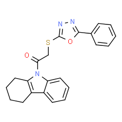 ChemSpider 2D Image | 2-[(5-Phenyl-1,3,4-oxadiazol-2-yl)sulfanyl]-1-(1,2,3,4-tetrahydro-9H-carbazol-9-yl)ethanone | C22H19N3O2S