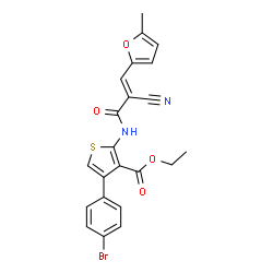 ChemSpider 2D Image | Ethyl 4-(4-bromophenyl)-2-{[(2E)-2-cyano-3-(5-methyl-2-furyl)-2-propenoyl]amino}-3-thiophenecarboxylate | C22H17BrN2O4S