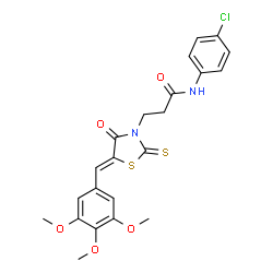ChemSpider 2D Image | N-(4-Chlorophenyl)-3-[(5Z)-4-oxo-2-thioxo-5-(3,4,5-trimethoxybenzylidene)-1,3-thiazolidin-3-yl]propanamide | C22H21ClN2O5S2