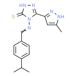 ChemSpider 2D Image | 4-[(4-Isopropylbenzylidene)amino]-5-(5-methyl-1H-pyrazol-3-yl)-2,4-dihydro-3H-1,2,4-triazole-3-thione | C16H18N6S