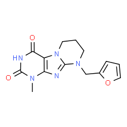 ChemSpider 2D Image | 9-(2-Furylmethyl)-1-methyl-6,7,8,9-tetrahydropyrimido[2,1-f]purine-2,4(1H,3H)-dione | C14H15N5O3