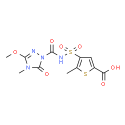 ChemSpider 2D Image | 4-{[(3-Methoxy-4-methyl-5-oxo-4,5-dihydro-1H-1,2,4-triazol-1-yl)carbonyl]sulfamoyl}-5-methyl-2-thiophenecarboxylic acid | C11H12N4O7S2