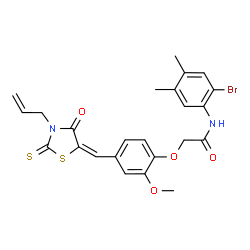 ChemSpider 2D Image | 2-{4-[(E)-(3-Allyl-4-oxo-2-thioxo-1,3-thiazolidin-5-ylidene)methyl]-2-methoxyphenoxy}-N-(2-bromo-4,5-dimethylphenyl)acetamide | C24H23BrN2O4S2