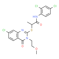 ChemSpider 2D Image | 2-{[7-Chloro-3-(2-methoxyethyl)-4-oxo-3,4-dihydro-2-quinazolinyl]sulfanyl}-N-(2,4-dichlorophenyl)propanamide | C20H18Cl3N3O3S