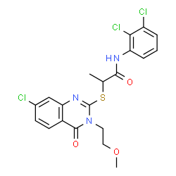 ChemSpider 2D Image | 2-{[7-Chloro-3-(2-methoxyethyl)-4-oxo-3,4-dihydro-2-quinazolinyl]sulfanyl}-N-(2,3-dichlorophenyl)propanamide | C20H18Cl3N3O3S