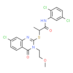 ChemSpider 2D Image | 2-{[7-Chloro-3-(2-methoxyethyl)-4-oxo-3,4-dihydro-2-quinazolinyl]sulfanyl}-N-(2,5-dichlorophenyl)propanamide | C20H18Cl3N3O3S