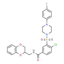 ChemSpider 2D Image | 4-Chloro-N-(2,3-dihydro-1,4-benzodioxin-2-ylmethyl)-3-{[4-(4-fluorophenyl)-1-piperazinyl]sulfonyl}benzamide | C26H25ClFN3O5S