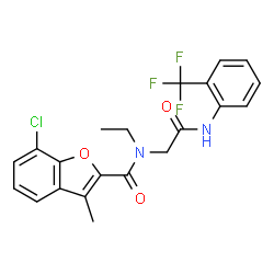 ChemSpider 2D Image | 7-Chloro-N-ethyl-3-methyl-N-(2-oxo-2-{[2-(trifluoromethyl)phenyl]amino}ethyl)-1-benzofuran-2-carboxamide | C21H18ClF3N2O3
