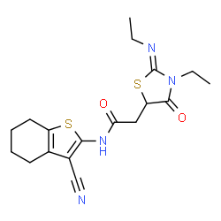 ChemSpider 2D Image | N-(3-Cyano-4,5,6,7-tetrahydro-benzo[b]thiophen-2-yl)-2-{3-ethyl-2-[(Z)-ethylimino]-4-oxo-thiazolidin-5-yl}-acetamide | C18H22N4O2S2
