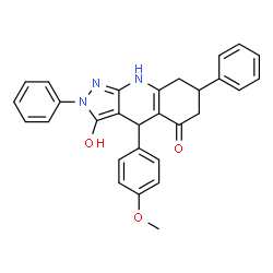 ChemSpider 2D Image | 3-Hydroxy-4-(4-methoxyphenyl)-2,7-diphenyl-1,2,4,6,7,8-hexahydro-5H-pyrazolo[3,4-b]quinolin-5-one | C29H25N3O3