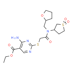 ChemSpider 2D Image | ethyl 4-amino-2-[2-[(1,1-dioxothiolan-3-yl)-(tetrahydrofuran-2-ylmethyl)amino]-2-oxo-ethyl]sulfanyl-pyrimidine-5-carboxylate | C18H26N4O6S2