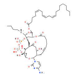 ChemSpider 2D Image | {(1R,9R,18S,22R,23S,24S,26R)-26-(4-Amino-2-oxo-1(2H)-pyrimidinyl)-4,6,19,23,24-pentahydroxy-22-[(3S)-3-hydroxy-1-octen-1-yl]-4,6-dioxido-11,21-dioxo-3,5,7,10,25-pentaoxa-4,6-diphosphabicyclo[16.6.2]he
xacos-15-en-9-yl}methyl (5Z,8Z,11Z)-5,8,11-icosatrienoate | C52H83N3O18P2