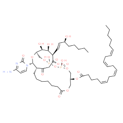 ChemSpider 2D Image | (1R,9R,19R,22R,23S,24S,25S,27R)-27-(4-Amino-2-oxo-1(2H)-pyrimidinyl)-4,6,22,24,25-pentahydroxy-23-[(1E,3S)-3-hydroxy-1-octen-1-yl]-4,6-dioxido-12,20-dioxo-3,5,7,11,26-pentaoxa-4,6-diphosphabicyclo[17.
6.2]heptacos-9-yl (5Z,8Z,11Z,14Z)-5,8,11,14-icosatetraenoate | C52H83N3O18P2