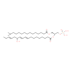 ChemSpider 2D Image | (2R)-1-[(14-Methylpentadecanoyl)oxy]-3-(phosphonooxy)-2-propanyl (9E,11E,15E)-13-hydroxy-9,11,15-octadecatrienoate | C37H67O9P