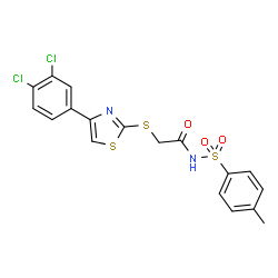ChemSpider 2D Image | 2-{[4-(3,4-Dichlorophenyl)-1,3-thiazol-2-yl]sulfanyl}-N-[(4-methylphenyl)sulfonyl]acetamide | C18H14Cl2N2O3S3