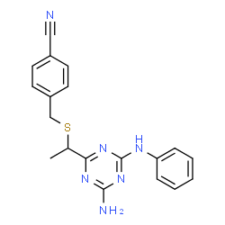ChemSpider 2D Image | 4-({[1-(4-Amino-6-anilino-1,3,5-triazin-2-yl)ethyl]sulfanyl}methyl)benzonitrile | C19H18N6S
