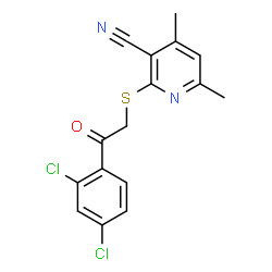 ChemSpider 2D Image | 2-{[2-(2,4-Dichlorophenyl)-2-oxoethyl]sulfanyl}-4,6-dimethylnicotinonitrile | C16H12Cl2N2OS
