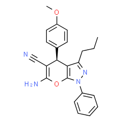 ChemSpider 2D Image | (4S)-6-Amino-4-(4-methoxyphenyl)-1-phenyl-3-propyl-1,4-dihydropyrano[2,3-c]pyrazole-5-carbonitrile | C23H22N4O2
