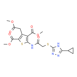 ChemSpider 2D Image | Dimethyl 5-({[(3-cyclopropyl-1H-1,2,4-triazol-5-yl)sulfanyl]acetyl}amino)-3-(2-methoxy-2-oxoethyl)-2,4-thiophenedicarboxylate | C18H20N4O7S2