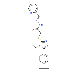 ChemSpider 2D Image | 2-({4-Ethyl-5-[4-(2-methyl-2-propanyl)phenyl]-4H-1,2,4-triazol-3-yl}sulfanyl)-N'-(2-pyridinylmethylene)acetohydrazide | C22H26N6OS