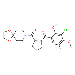 ChemSpider 2D Image | [1-(3,5-Dichloro-2,4-dimethoxybenzoyl)-2-pyrrolidinyl](1,4-dioxa-8-azaspiro[4.5]dec-8-yl)methanone | C21H26Cl2N2O6