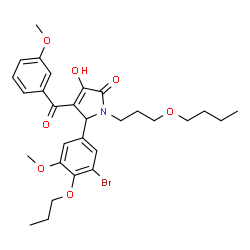 ChemSpider 2D Image | 5-(3-Bromo-5-methoxy-4-propoxyphenyl)-1-(3-butoxypropyl)-3-hydroxy-4-(3-methoxybenzoyl)-1,5-dihydro-2H-pyrrol-2-one | C29H36BrNO7