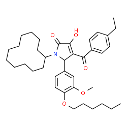 ChemSpider 2D Image | 1-Cyclododecyl-4-(4-ethylbenzoyl)-5-[4-(hexyloxy)-3-methoxyphenyl]-3-hydroxy-1,5-dihydro-2H-pyrrol-2-one | C38H53NO5