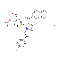 ChemSpider 2D Image | 1-[2-(4-Chlorophenyl)-2-hydroxyethyl]-3-hydroxy-5-(4-isopropoxy-3-methoxyphenyl)-4-(2-naphthoyl)-1,5-dihydro-2H-pyrrol-2-one hydrochloride (1:1) | C33H31Cl2NO6