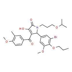 ChemSpider 2D Image | 5-(3-Bromo-5-methoxy-4-propoxyphenyl)-3-hydroxy-1-(3-isopropoxypropyl)-4-(4-methoxy-3-methylbenzoyl)-1,5-dihydro-2H-pyrrol-2-one | C29H36BrNO7