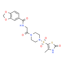 ChemSpider 2D Image | N-(2-{4-[(4-Methyl-2-oxo-2,3-dihydro-1,3-thiazol-5-yl)sulfonyl]-1-piperazinyl}-2-oxoethyl)-1,3-benzodioxole-5-carboxamide | C18H20N4O7S2